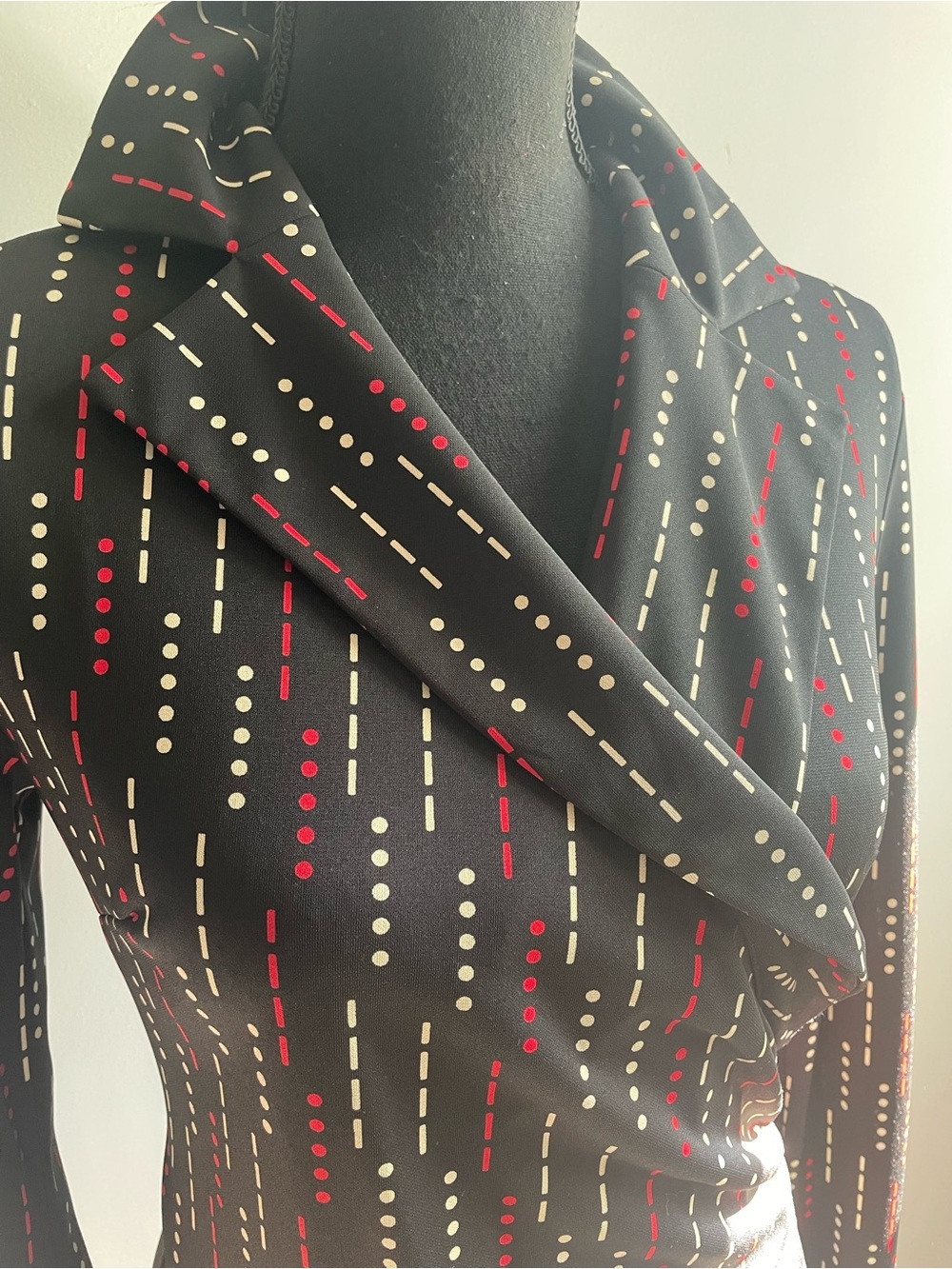 Express Black Long-Sleeve Wrap Dress with Red and White Dot Stripe Pattern
